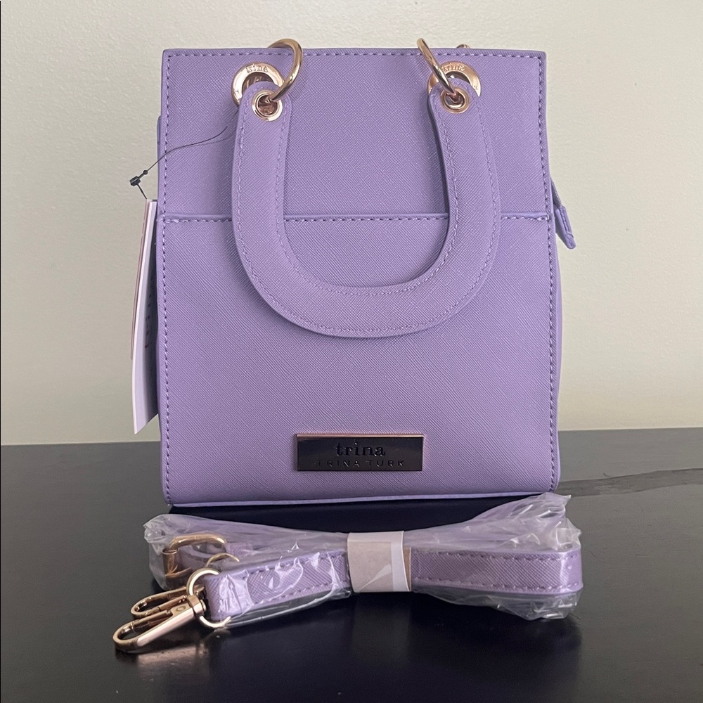 Trina Turk double handle tote in lilac with a removable crossbody strap